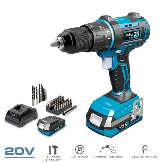 KIT TALADRO PERCUTOR/ATORNILLADOR 20 V CON 2 BATERIAS 2.0A Y CARGADOR 22,5 x 20,3 cm PRO SERIES