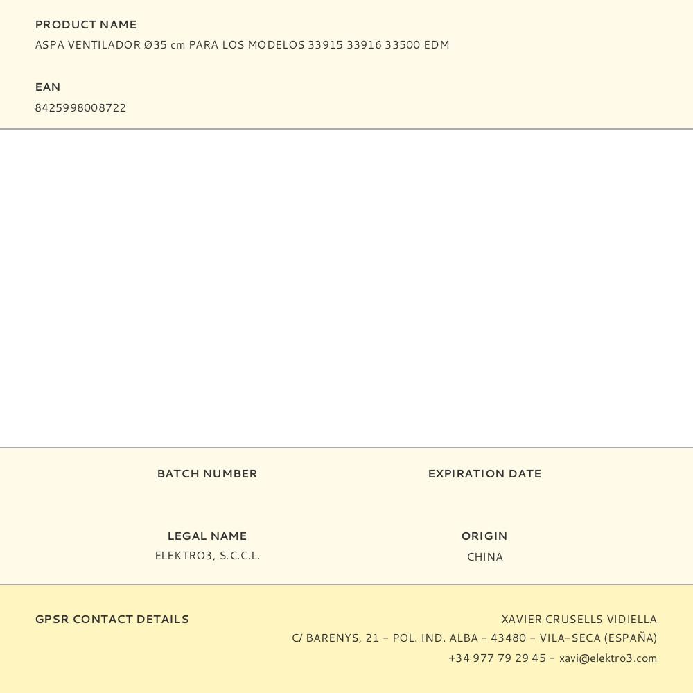 ASPA VENTILADOR Ø35 cm PARA LOS MODELOS 33915 33916 33500 EDM - Imagen 2