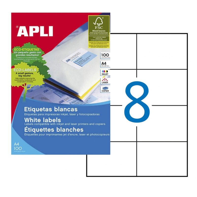 PACK 10 HOJAS CON 8 ETIQUETAS 105x74mm APLI DIN A4
