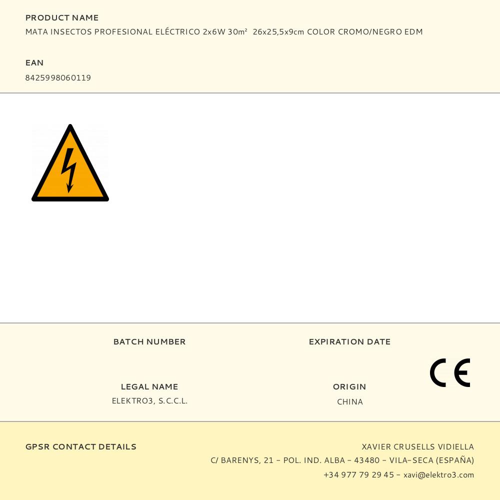 MATA INSECTOS PROFESIONAL ELÉCTRICO 2x6W 30m² 26x25,5x9cm COLOR CROMO/NEGRO EDM - Imagen 3