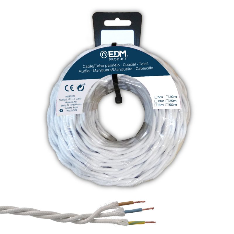 CARRETE CABLE PARALELO TEXTIL TRENZADO H05VV-F 3 G 1,50 mm² BLANCO, 5 m