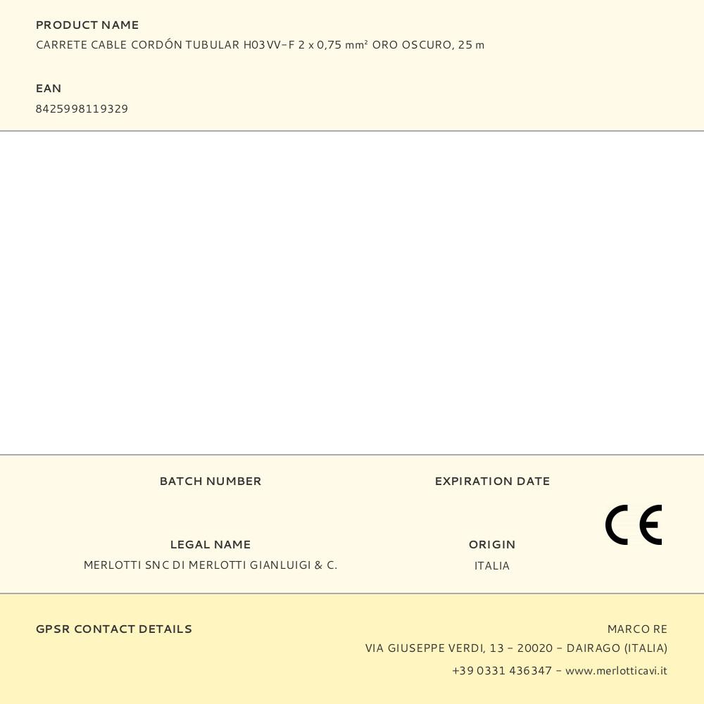 CARRETE CABLE CORDÓN TUBULAR H03VV-F 2 x 0,75 mm² ORO OSCURO, 25 m - Imagen 3