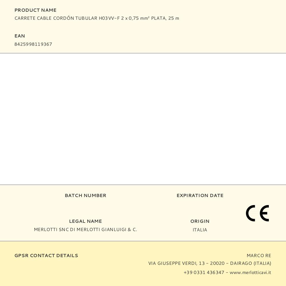 CARRETE CABLE CORDÓN TUBULAR H03VV-F 2 x 0,75 mm² PLATA, 25 m - Imagen 2