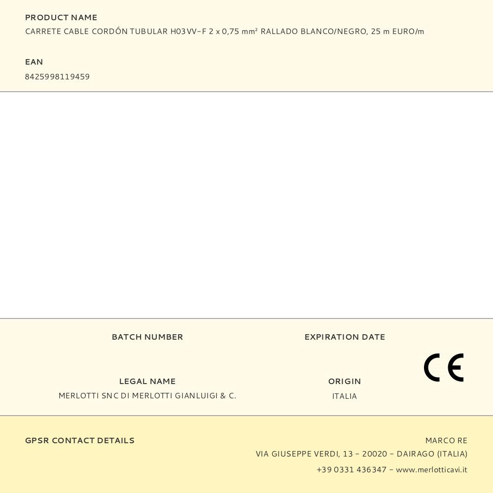 CARRETE CABLE CORDÓN TUBULAR H03VV-F 2 x 0,75 mm² RALLADO BLANCO/NEGRO, 25 m EURO/m - Imagen 2