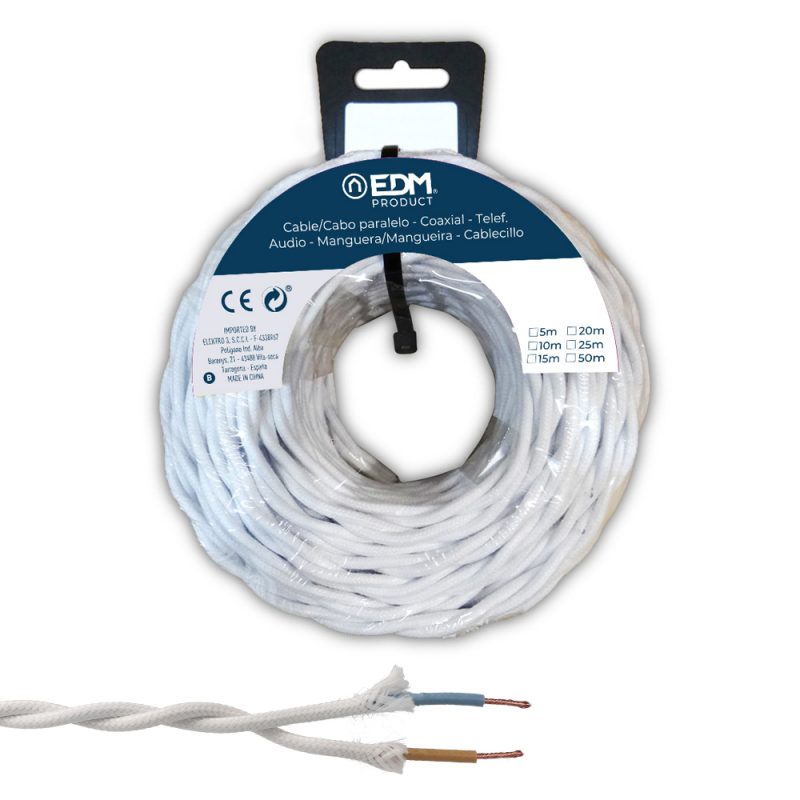 CARRETE CABLE PARALELO TEXTIL TRENZADO H07V-K 2 x 2,50 mm² BLANCO, 25 m
