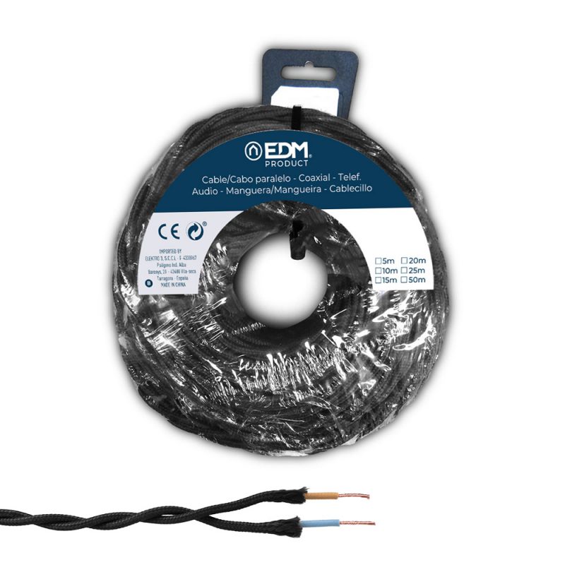 CARRETE CABLE PARALELO TEXTIL TRENZADO H05VV-F 2 x 1,50 mm² NEGRO, 25 m