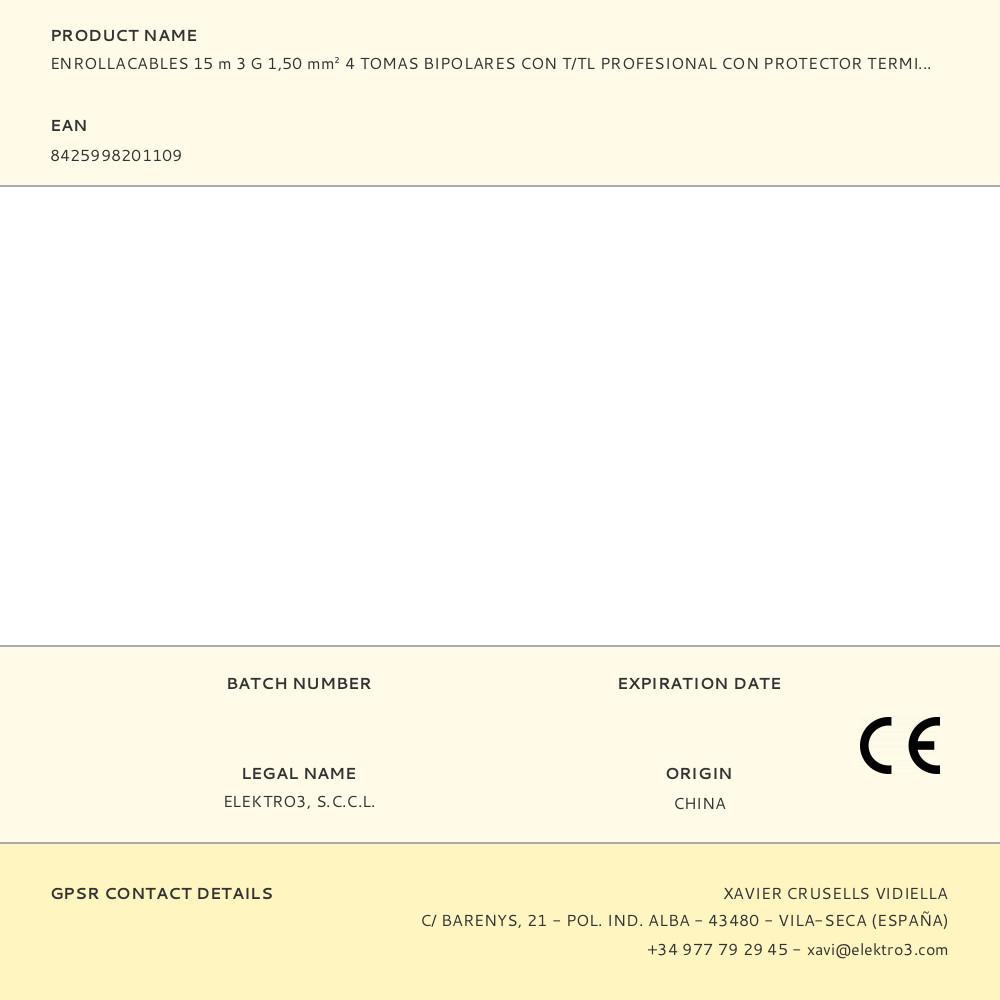 ENROLLACABLES 15 m 3 G 1,50 mm² 4 TOMAS BIPOLARES CON T/TL PROFESIONAL CON PROTECTOR TERMICO - Imagen 3