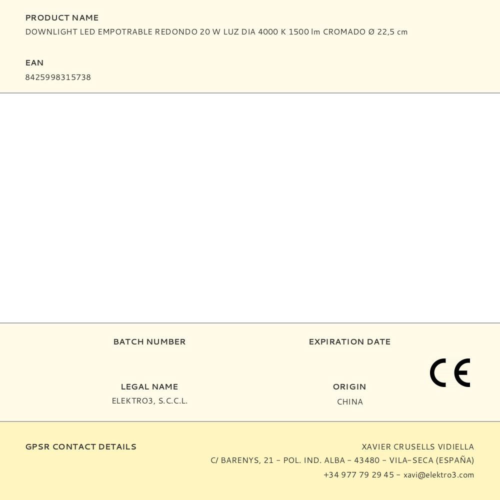 DOWNLIGHT LED EMPOTRABLE REDONDO 20 W LUZ DIA 4000 K 1500 lm CROMADO Ø 22,5 cm - Imagen 3