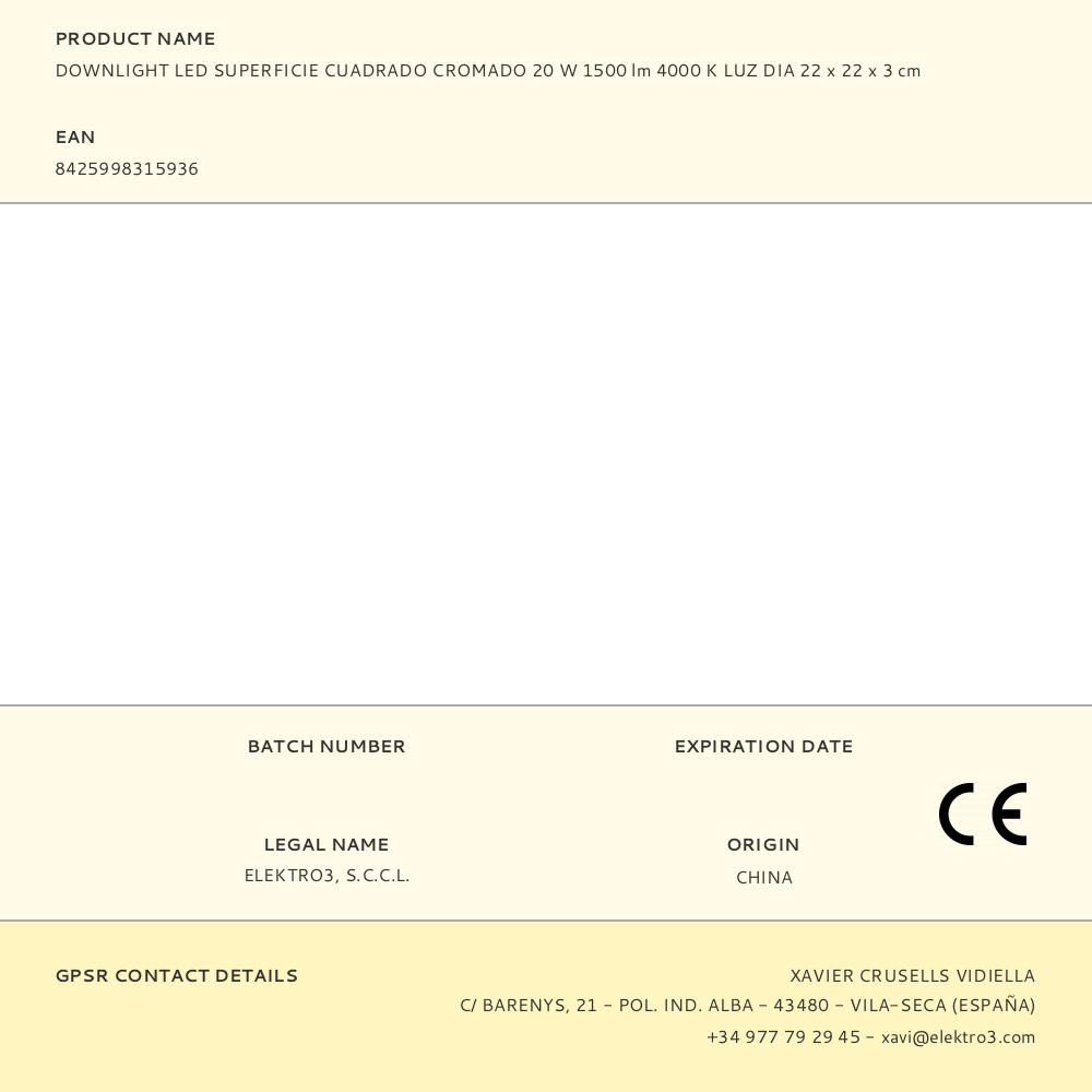 DOWNLIGHT LED SUPERFICIE CUADRADO CROMADO 20 W 1500 lm 4000 K LUZ DIA 22 x 22 x 3 cm - Imagen 2