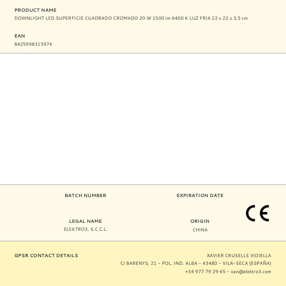 DOWNLIGHT LED SUPERFICIE CUADRADO CROMADO 20 W 1500 lm 6400 K LUZ FRIA 22 x 22 x 3,5 cm - Imagen 2