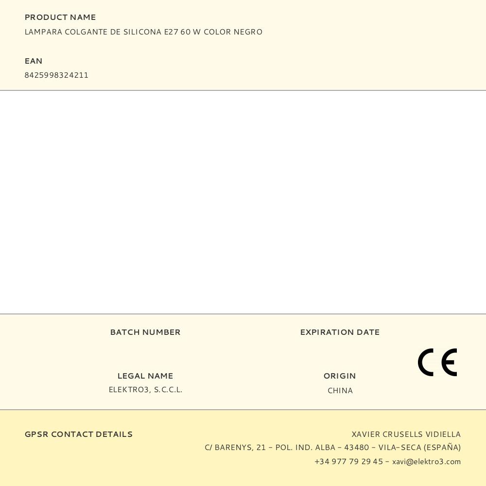 LAMPARA COLGANTE DE SILICONA E27 60 W COLOR NEGRO - Imagen 3