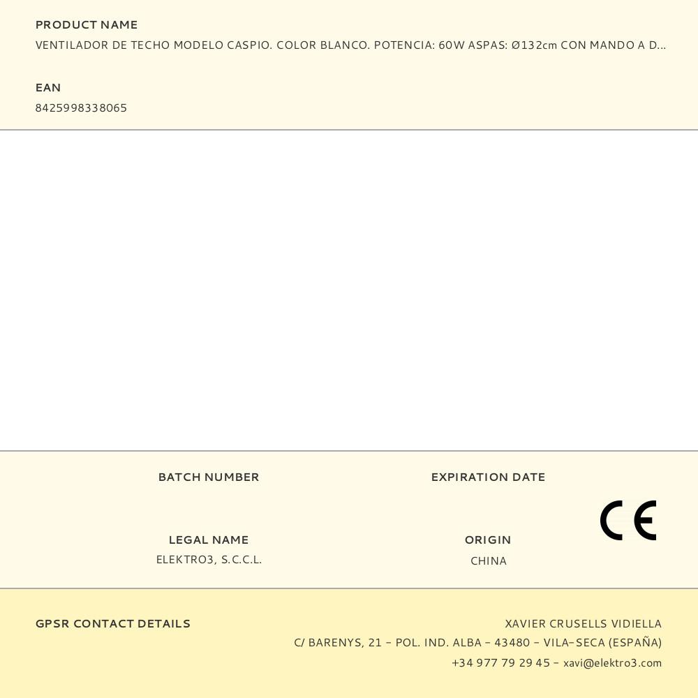 VENTILADOR DE TECHO MODELO CASPIO. COLOR BLANCO. POTENCIA: 60W ASPAS: Ø132cm CON MANDO A DISTANCIA EDM - Imagen 4