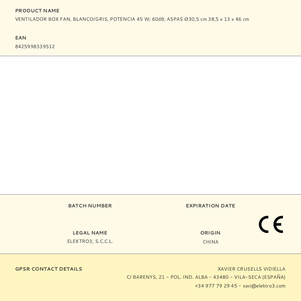 VENTILADOR BOX FAN, BLANCO/GRIS, POTENCIA 45 W; 60dB; ASPAS Ø30,5 cm 38,5 x 13 x 46 cm - Imagen 4