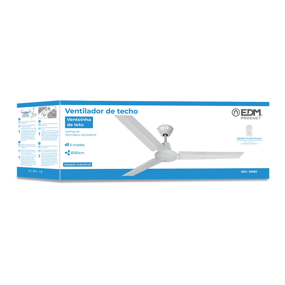 VENTILADOR DE TECHO MODELO MINI INDUSTRIAL. COLOR BLANCO POTENCIA: 60W ASPAS: Ø120cm CON CONTROLADOR DE PARED EDM - Imagen 3