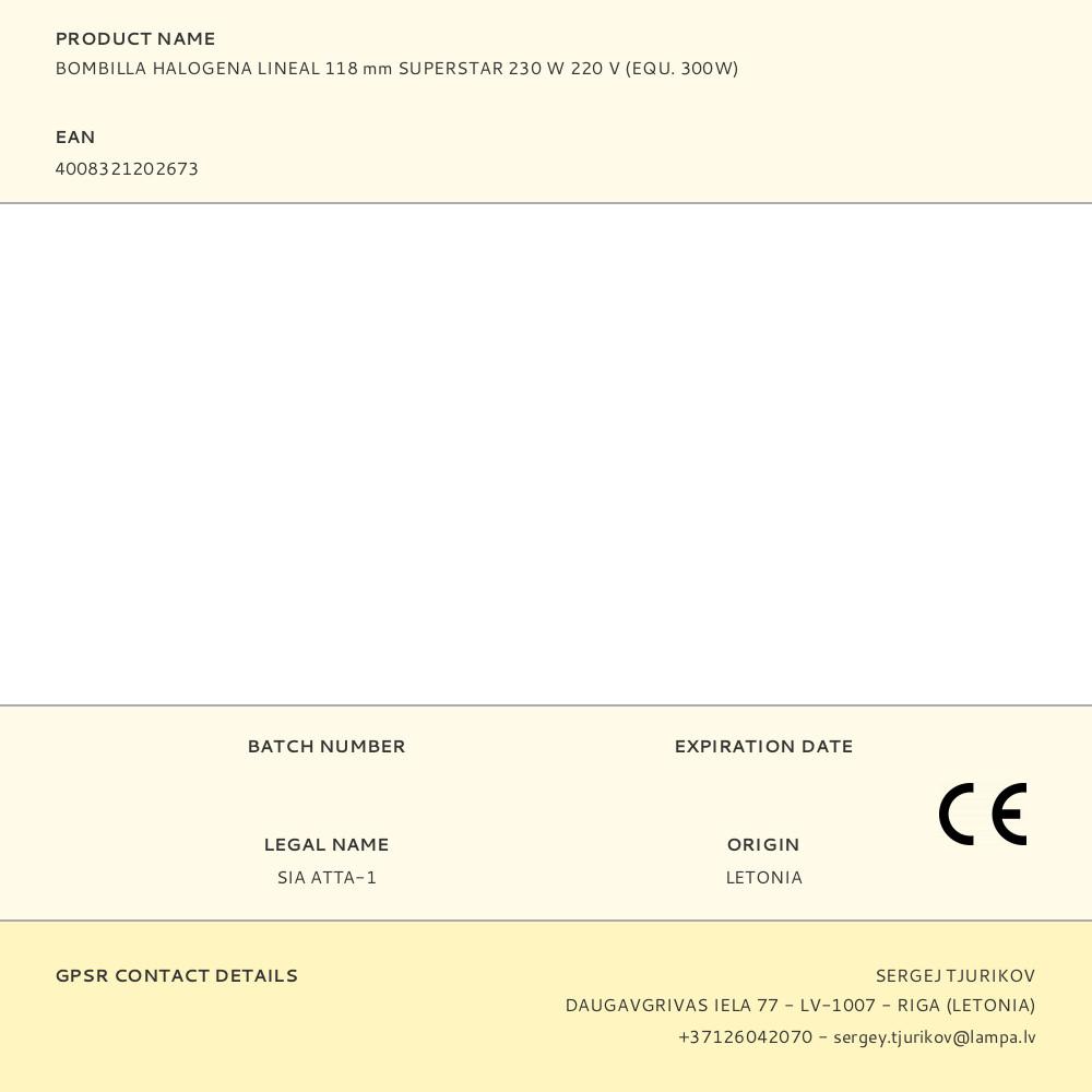 BOMBILLA HALOGENA LINEAL 118 mm SUPERSTAR 230 W 220 V (EQU. 300W) - Imagen 2