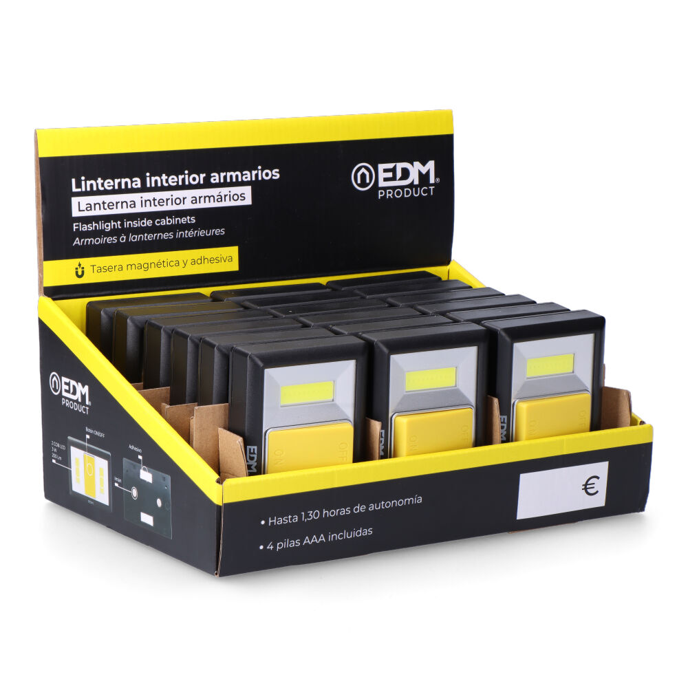 LINTERNA 2 LEDS 200 LUMENS CON BASE IMANTADA Y ADHESIVA 4xAAA (PILAS INCLUIDAS) EDM - Imagen 3