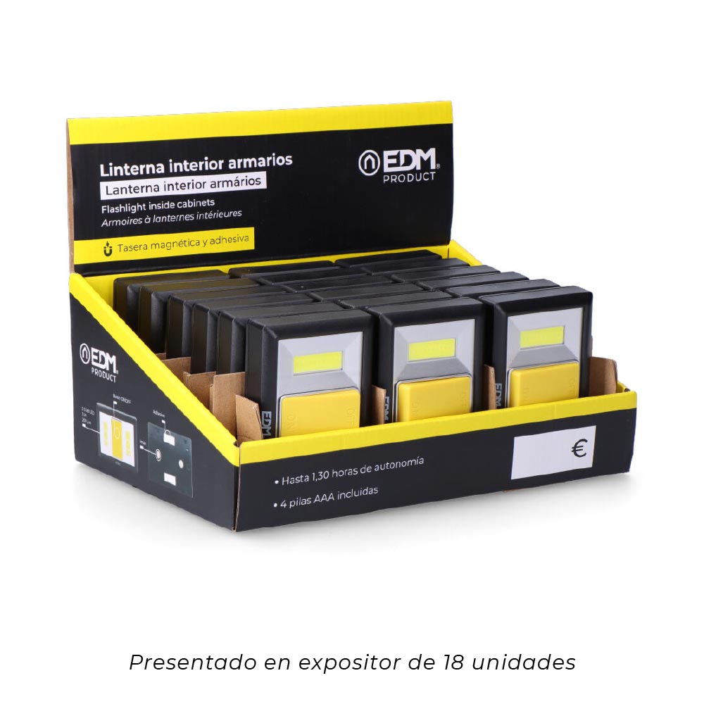 LINTERNA 2 LEDS 200 LUMENS CON BASE IMANTADA Y ADHESIVA 4xAAA (PILAS INCLUIDAS) EDM - Imagen 4