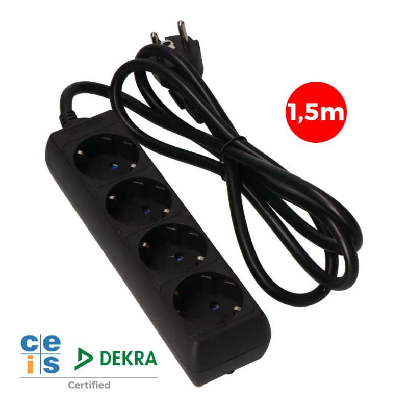 PROLONGADOR CON 4 TOMAS 2P+T, 16A 250V~ 1,5 m DE CABLE H05VV-F 3G 1,5mm²,  NEGRO.