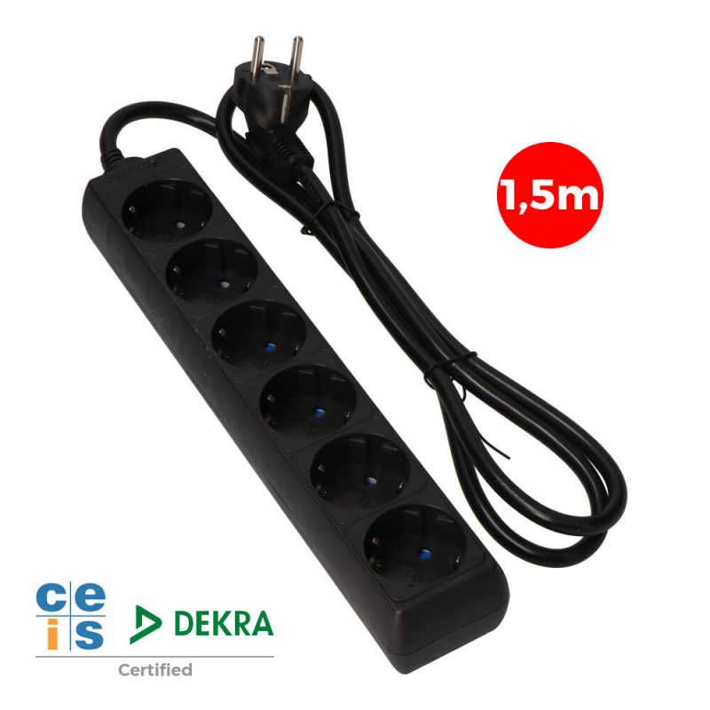 PROLONGADOR CON 6 TOMAS 2P+T, 16A 250V~ 1,5 m DE CABLE H05VV-F 3G 1,5mm²,  NEGRO.