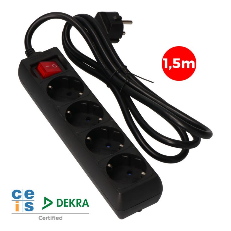 PROLONGADOR CON 4 TOMAS 2P+T, 16A 250V~ 1,5 m DE CABLE H05VV-F 3G 1,5mm², CON INTERRUPTOR,  NEGRO.