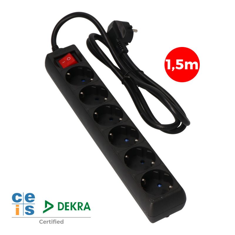 PROLONGADOR CON 6 TOMAS 2P+T, 16A 250V~ 1,5 m DE CABLE H05VV-F 3G 1,5mm², CON INTERRUPTOR,  NEGRO.