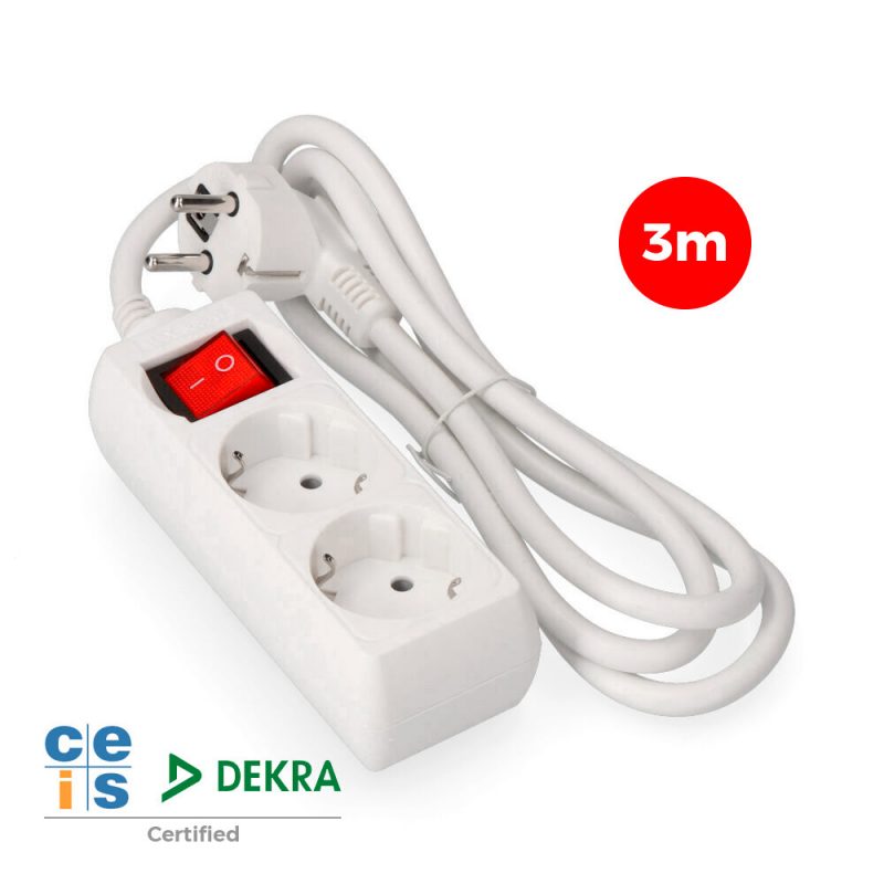 PROLONGADOR CON 2 TOMAS 2P+T, 16 A 250 V DE CABLE H05VV-F 3G + INTERRUPTOR LUMINOSO 3 m.