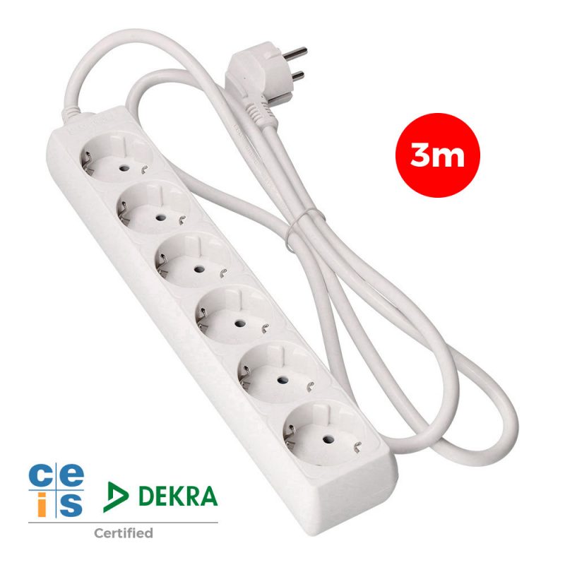 PROLONGADOR CON 6 TOMAS 2P+T, 16 A 250 V DE CABLE H05VV-F 3G 3 m.