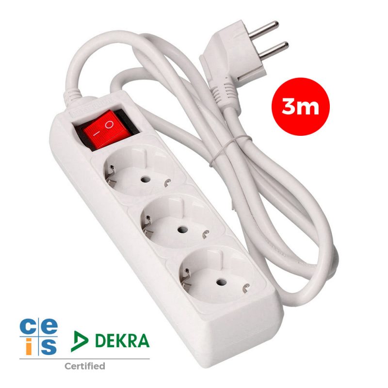 PROLONGADOR CON 3 TOMAS 2P+T, 16 A 250 V DE CABLE H05VV-F 3G + INTERRUPTOR LUMINOSO 3 m.