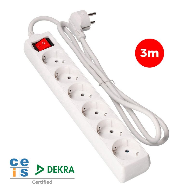 PROLONGADOR CON 6 TOMAS 2P+T, 16 A 250 V DE CABLE H05VV-F 3G + INTERRUPTOR LUMINOSO 3 m.