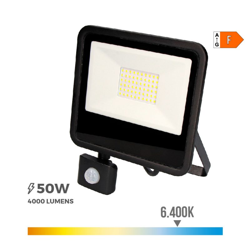 FOCO PROYECTOR LED CON SENSOR DE PRESENCIA 50 W 4000 lm 6400 K LUZ FRIA  23,8 x 4,5 x 19,2 cm