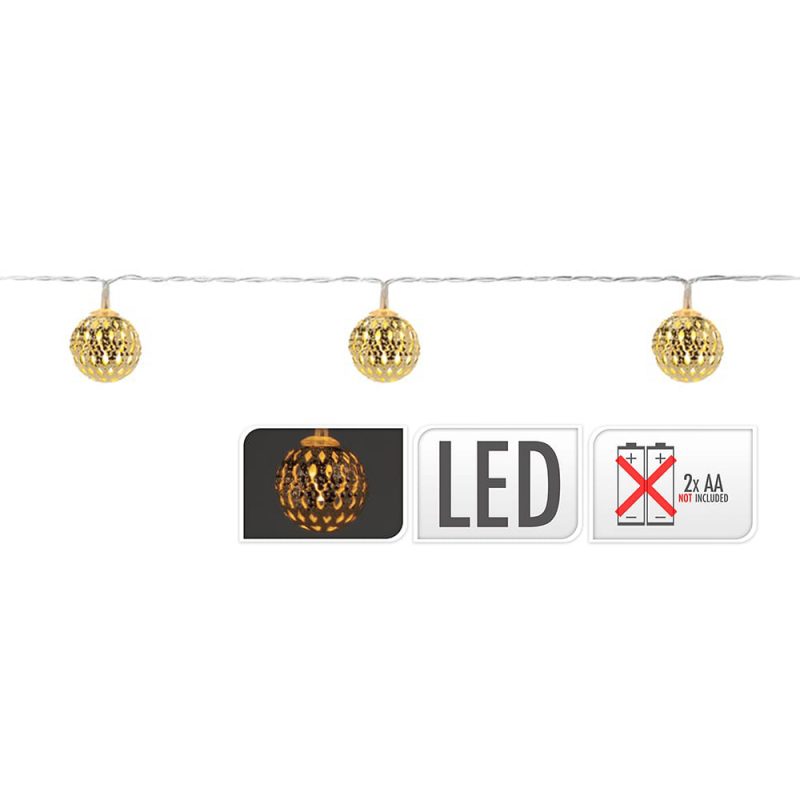 GUIRNALDA A PILAS FIJA 10 LEDS CON BOLAS COLOR ORO LUZ BLANCO CALIDO 1,3m
