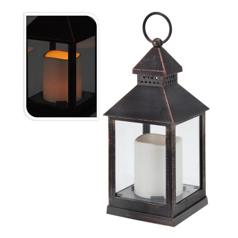FAROL CON VELA DE LED 10.5 x 10.5 x23 cm BRONCE