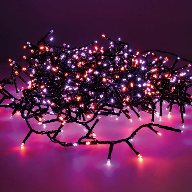 GUIRNALDA LED COMPACT 750 LEDS PARPADEANTE EXTERIOR MORADO Y NARANJA  CABLE NEGRO 21 m