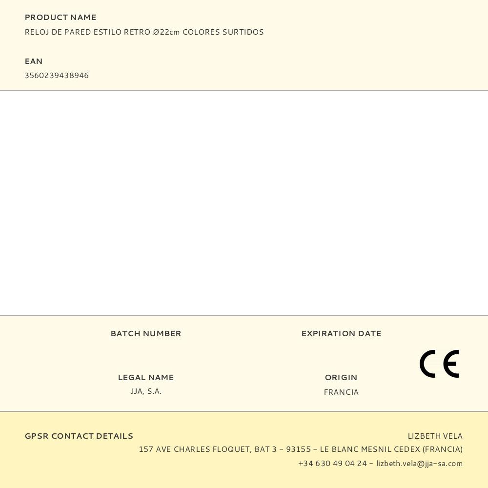 RELOJ DE PARED ESTILO RETRO Ø22cm COLORES SURTIDOS - Imagen 2