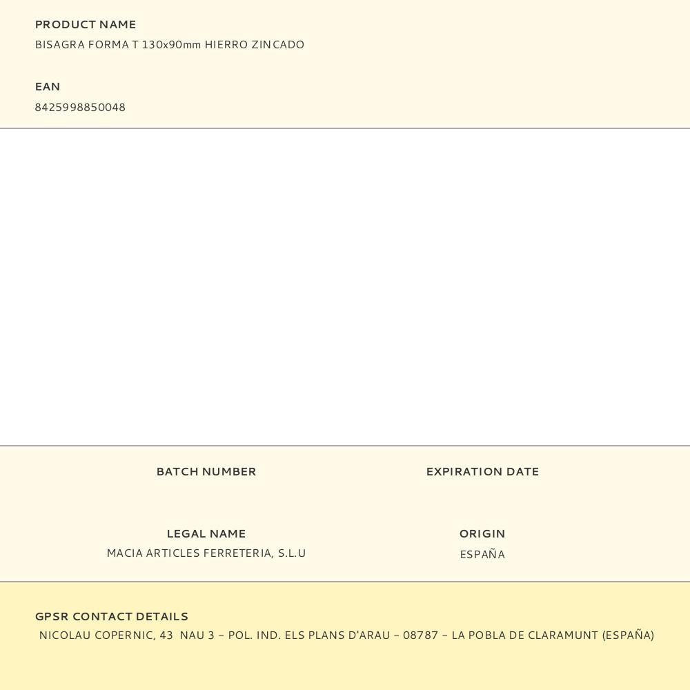 BISAGRA FORMA T 130x90mm HIERRO ZINCADO - Imagen 2