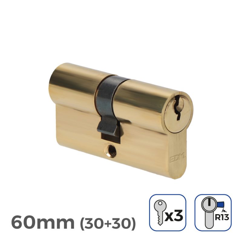 CILINDRO LATÓN 60mm (30+30mm)  LEVA CORTA R13 CON 3 LLAVES DE SERRETA INCLUIDAS