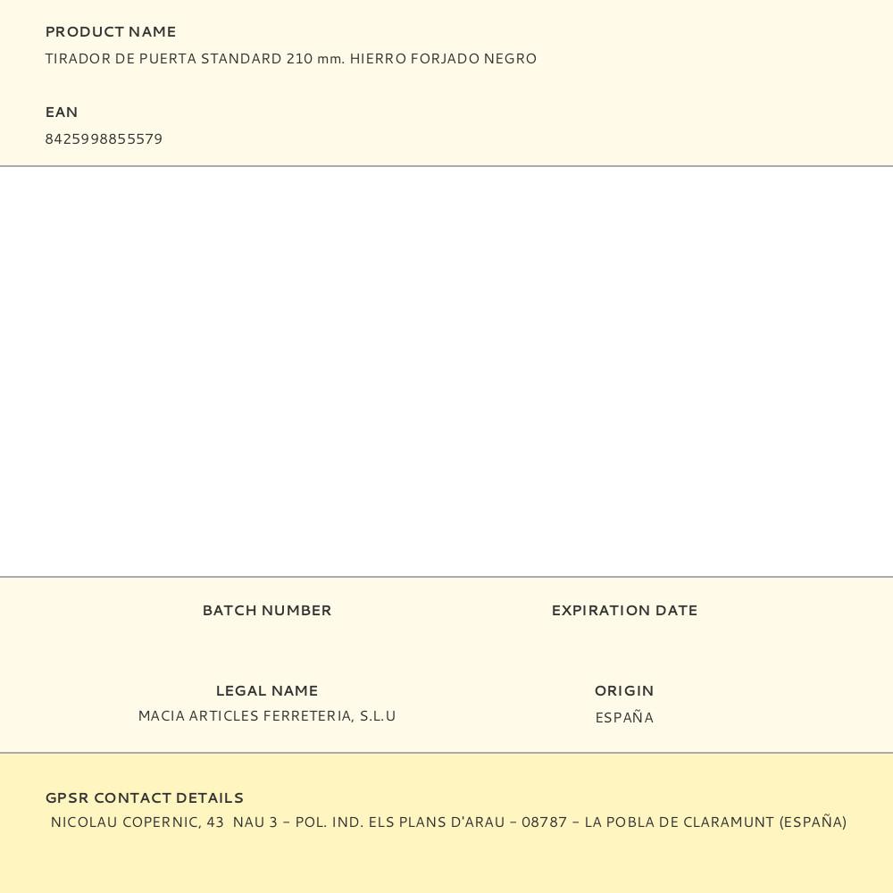 TIRADOR DE PUERTA STANDARD 210 mm. HIERRO FORJADO NEGRO - Imagen 2