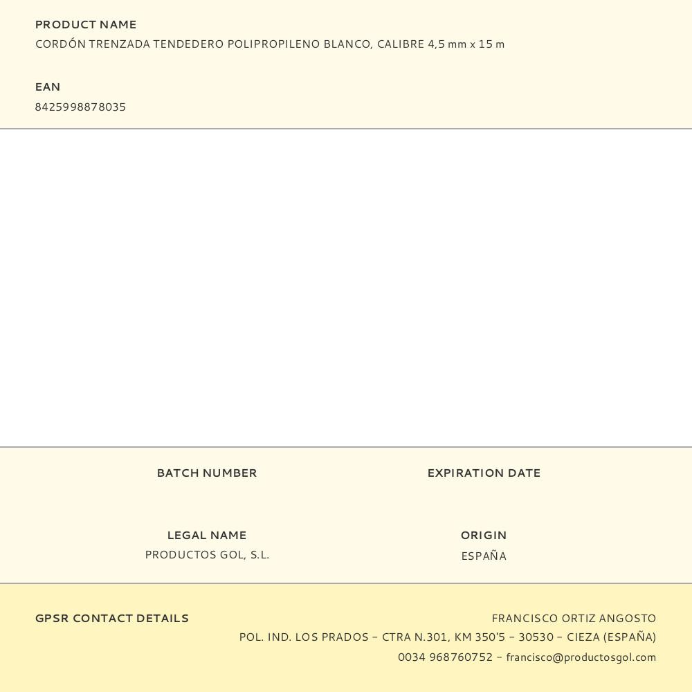 CORDÓN TRENZADA TENDEDERO POLIPROPILENO BLANCO, CALIBRE 4,5 mm x 15 m - Imagen 2