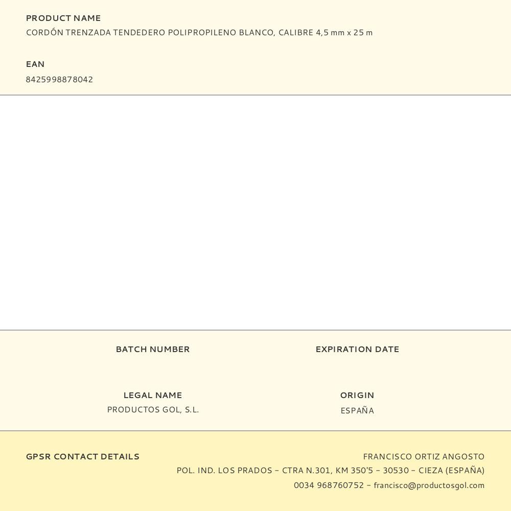 CORDÓN TRENZADA TENDEDERO POLIPROPILENO BLANCO, CALIBRE 4,5 mm x 25 m - Imagen 2