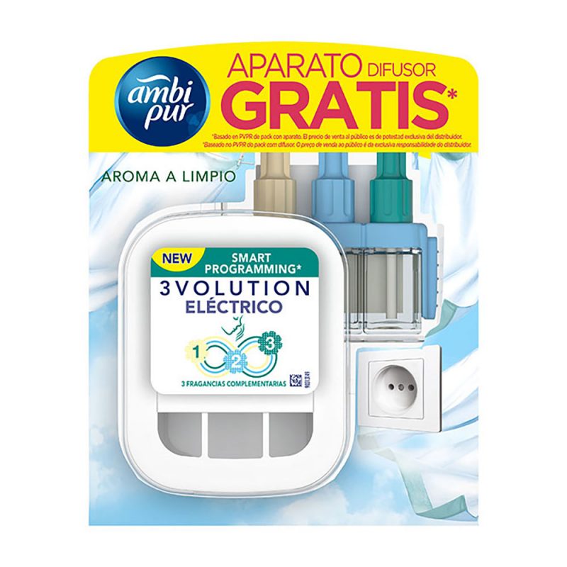 AMBIENTADOR ELÉCTRICO 3VOLUTION AROMA LIMPIO 3 FRAGANCIAS  APARATO + RECAMBIO 21 ml