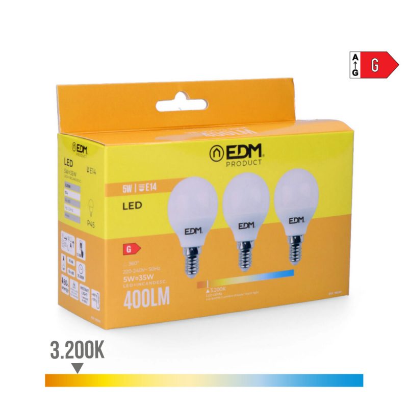 KIT 3 BOMBILLAS ESFERICAS LED E14 5 W 400 lm 3200 K LUZ CALIDA Ø4,5 x 8 cm