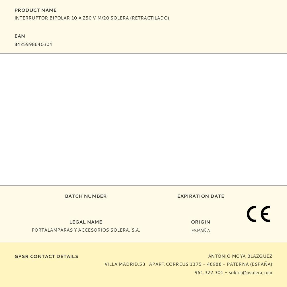 INTERRUPTOR BIPOLAR 10 A 250 V M/20 SOLERA (RETRACTILADO) - Imagen 2